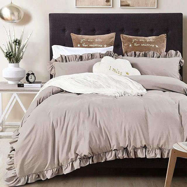 Queen's House Vintage Washed Cotton Duvet Cover Bedding Set Taupe More Grey Queen Size-Shabby Ruffle