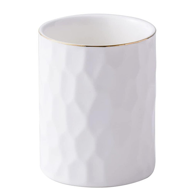 YOSCO Kitchen Utensil Holder, Ceramic Cooking Utensil Holder with Gold Line Modern Utensil Crocks (W5” x H6.15”) for Kitchen Counter-Farmhouse, Housewarming Gift (White-6.15 INCH)