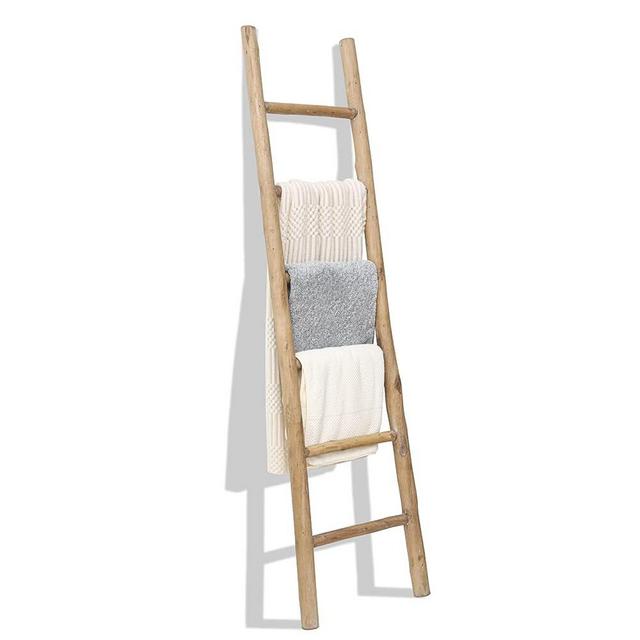 FUIN Fully Assembled 6ft Wood Decorative Wall Leaning Blanket Ladders Bathroom Storage Quilt Towel Display Rack Shelf Holder Rustic Farmhouse, Brown