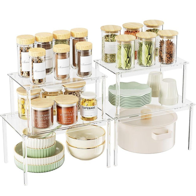 Delamu Clear Kitchen Cabinet Organizer, Set of 4 Acrylic Shelves Organizer for Kitchen Pantry Organizers and Storage, Stackable Cabinet Organizer Shelf for Plate & Dish, 11.7" D x 7.7" W x 6.3" H