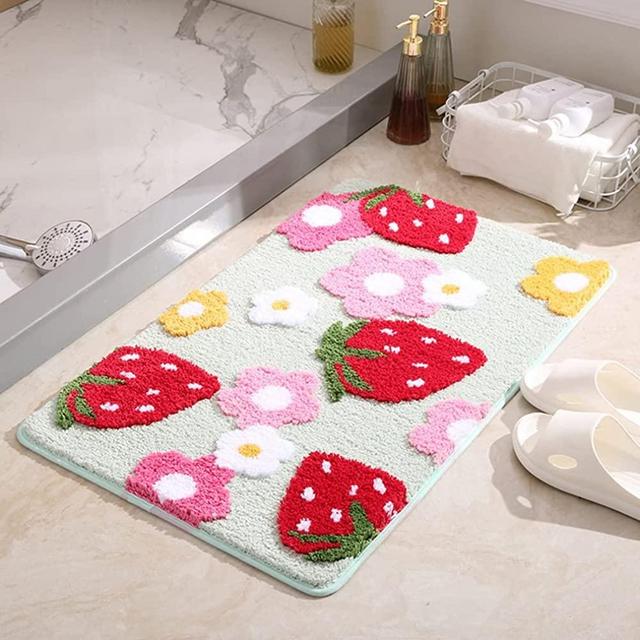 LIKETN Soft Cozy Strawberry Bathroom Rugs Bath Mat Cute Doormat Non Slip Absorbent Washable Shaggy Bedroom Durable Thick Plush Door Mats Bathtub Shower Bath Rug for Girls (20" X 47", Green)