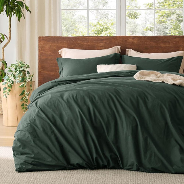 Bedsure 100% Washed Cotton Duvet Cover Queen - Forest Green Minimalist Cotton Duvet Cover Linen Like - 3 Pieces GentleSoft™ Plain Simple Bedding Set with 2 Pillow Shams (Forest Green, Queen, 90"x90")