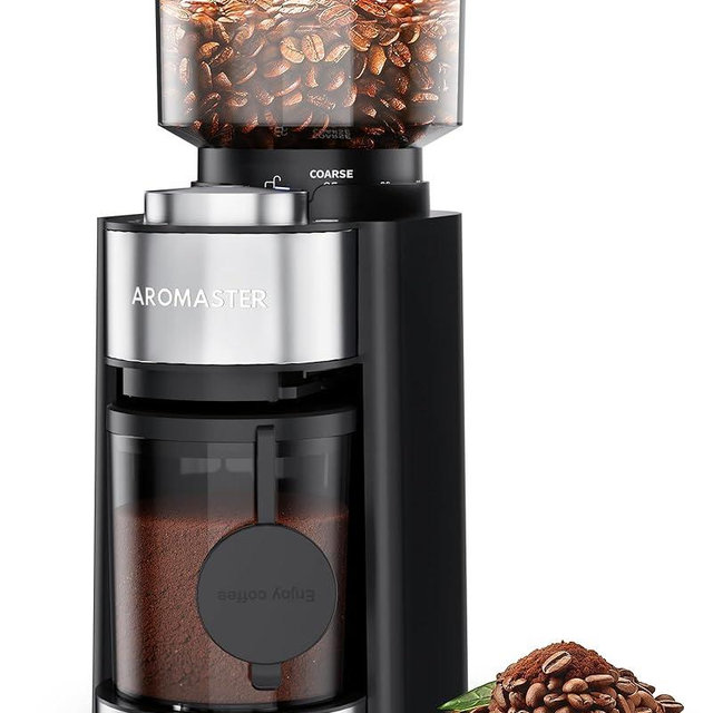 Aromaster Conical Burr Coffee Grinder with 25 Grind Settings,Adjustable 2-12 Cups Timer,Coffee Bean Grinder,3-Ear Portafilter Holder, Anti-static Design,Cleaning Brush Included,Black