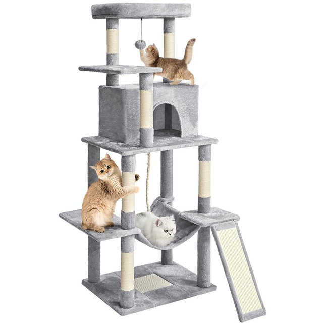 ABCPET Cat Tree Tower 63in Multi-Level Cat Tower for Indoor Cats with Sisal Scratching Posts, Condo, Hammock, Dangling Ball and Extended Platform for Cats to Play, Light Grey