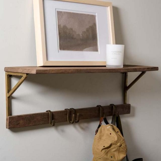 Antique Wood Shelf with Adjustable Hooks