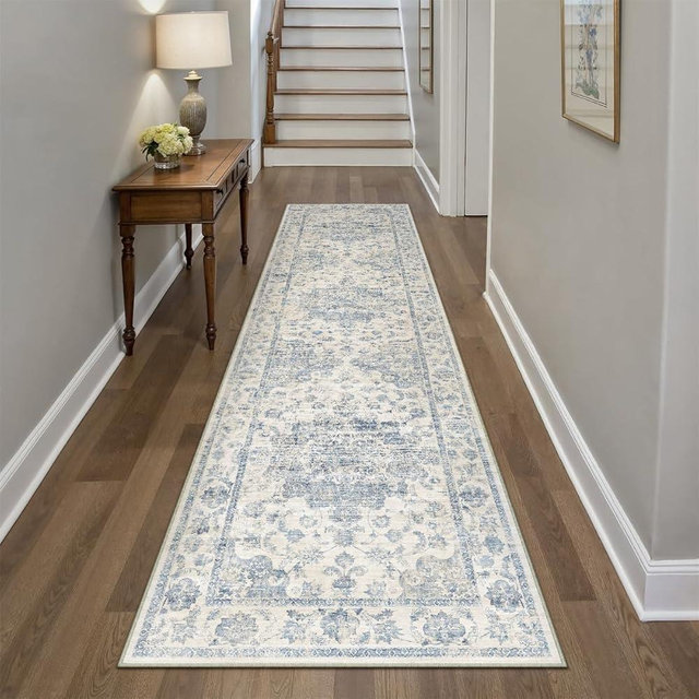 WondRg 2x8 Washable Neutral Runner Rug Blue Vintage Hallway Kitchen Carpet Non-Slip Soft Low Pile Floral Throw Rug for Bedroom Bathroom Laundry Living Room
