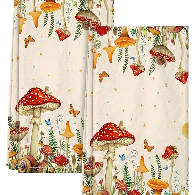 Miss Adola Flour Sack Kitchen Towels - Set of 2 Spring Dish Towels with Hanging Loop 18x26 Inch Absorbent Reusable Cotton Cloths for Cleaning Cute Design Home Decorative Housewarming, Mushroom Moon