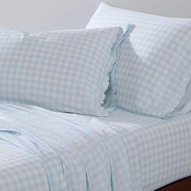 Shabby Chic® - King Sheets, Soft & Breathable Organic Cotton Bedding Set, Classic Style Home Decor with Ruffled Pillowcases (Gingham Blue, King)