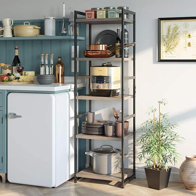 Homfa 5-Tier Corner Shelf, Free Standing Ladder Shaped Plant Flower Stand Rack Bathroom Storage Tower Industrial Style Utility Organizer Wood Look Accent Metal Frame, Vintage Gray
