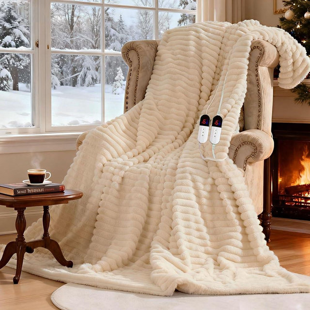 AEPINBH Heated Blanket 84"X90",Fast Heating Blanket with 6 Heat Levels 10 Hours Auto-Off Overheat Protection,Stripe Faux Rabbit Fur Soft Warm Electric Blanket, ETL Certified,Cream