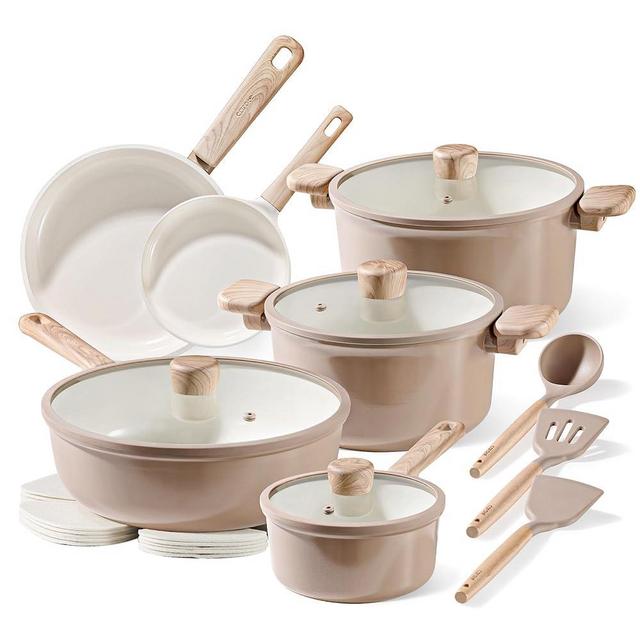 CAROTE 18Pcs Ceramic Pots and Pans Set Non Stick, Healthy Cookware Set, PFAS/PFOA Free, Kitchen Cooking Set with Frying Pans, Taupe