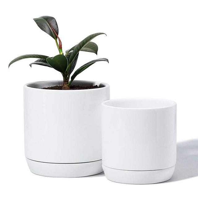 White Planters Pots for Plants Indoor - 5.1 + 4.2 Inch Modern Home Decor Glazed Ceramic Flowerpot Bonsai Container with Drainage Holes & Saucer(POTEY 053101, Plants Not Included)