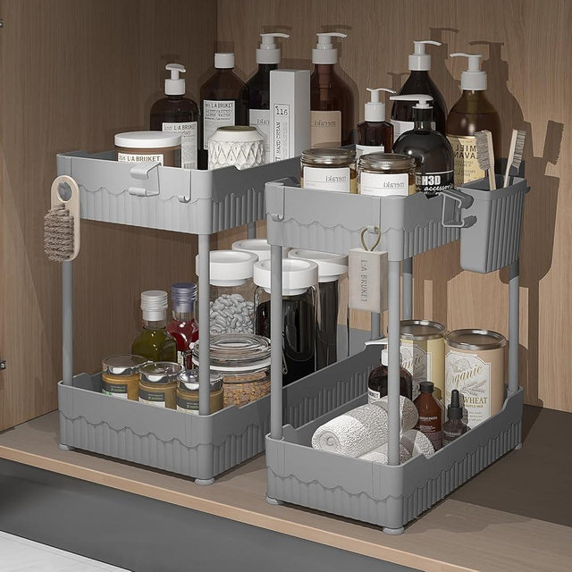 Sevenblue 2 Pack Under Sink Organizer, Under Bathroom Cabinet Organizer with Hooks Hanging Cup, Multi-Purpose Storage Shelf for Kitchen Bathroom (Gray, 12.8 Inch)