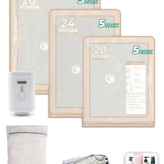 BAGSMART Vacuum Storage Bags with Portable Pump, Travel Space Saver Bags for Clothes, Heavy Duty Compression Bags for Storage, Vacuum Seal Bags with Hand Pump, Travel Essentials for Packing-Khaki