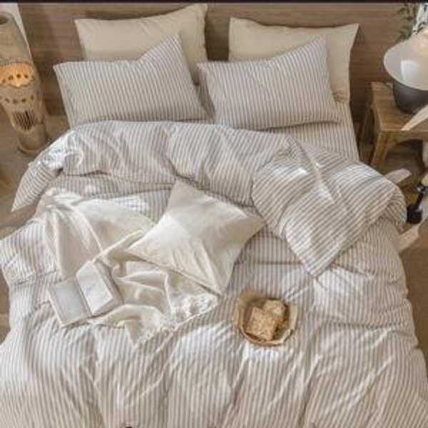 MooMee Striped Duvet Cover Set 100% Washed Cotton Linen Like Textured - Classic Stripes - Tannish Linen Gray/White, King Duvet Cover + 2 King Pillowcases