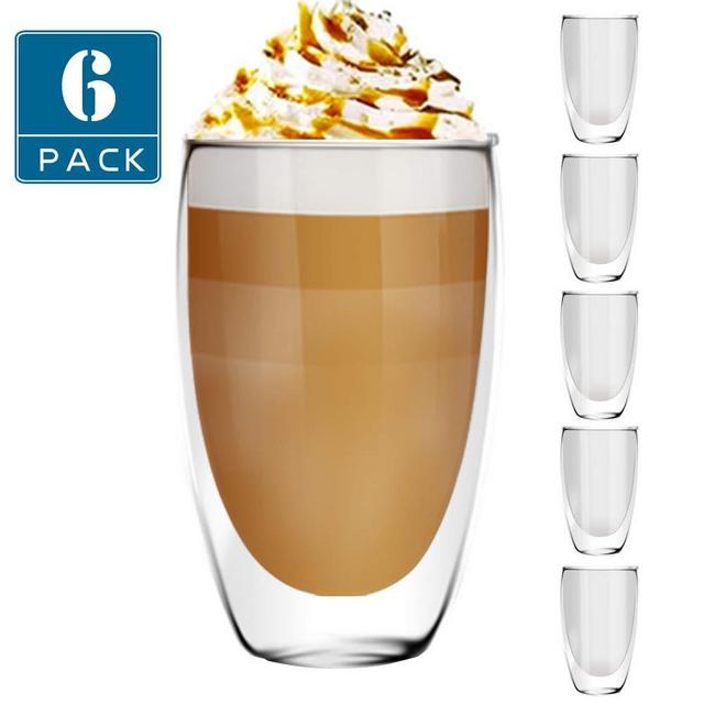 [6-Pack,15 Oz] DESIGN•MASTER - Premium Double Wall Insulated Glass, Coffee or Tea Glass Mugs, Thermo Insulated Glass, Perfect for Latte, Cappuccino, Americano, Tea and Beverage