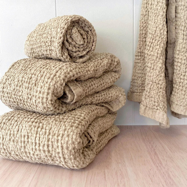 Waffle Weave Linen-Cotton Bath & Towel Set (two of each) | Spa | Onsen | Turkish | Modern | Farmhouse | Coastal
