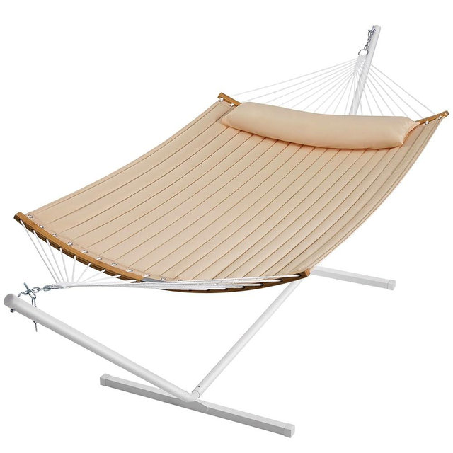 SUPERJARE Hammock with Stand, 2 Person Heavy Duty Hammock with Padded Cotton, Detachable Pillow & Strong Curved-Bar & Portable Carrying Bag, Perfect for Outdoor & Indoor, Beige