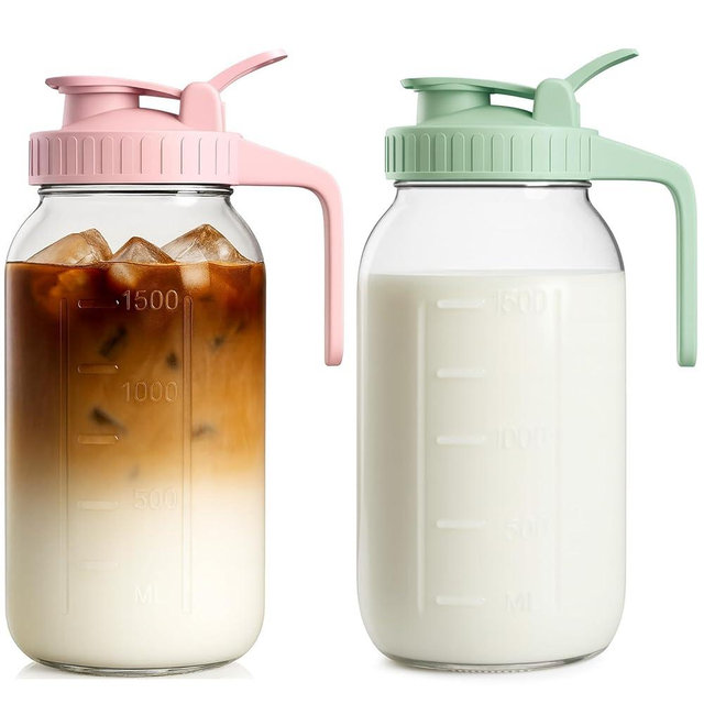 2 Pack - 64oz Glass Breast Milk Pitcher with Lid & Spout, Leakproof Mason Jar Breastmilk Pitcher - Wide Mouth, Airtight 2 Quart Water Jug for Milk Storage, Breastmilk, Sun Tea, Iced Coffee, Juice
