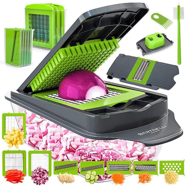 Bartnelli Vegetable Chopper Food Slicer Pro | 15 Pc MultiFuctional Kitchen Gadgets for Onion, Veggie, Cheese Grater, Vegetables Cutter With Large Container, Easy to Clean, With Bonus Brush and Fork