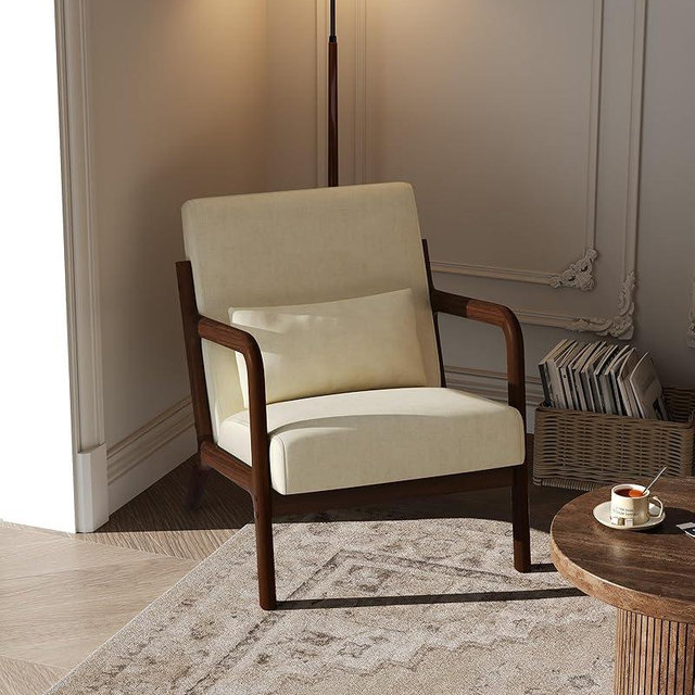 Garvee Mid-Century Chenille Accent Chair, Cozy Reading Chair, Modern Lounge Armchair with Lumbar Pillow, Solid Wood Frame, for Living Room, Bedroom, Office, Beige