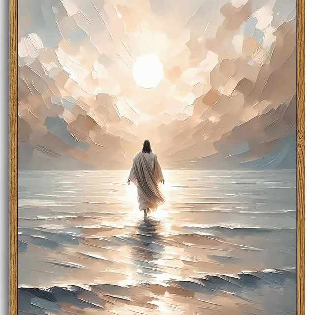 KISSFOX Jesus Canvas Wall Art Jesus Walking On Water Framed Wall Art Christian Religious Modern Serenity Prayer Canvas Art Prints Artwork For Prayer Room Living Room Bedroom Kitchen, 16x24 inch