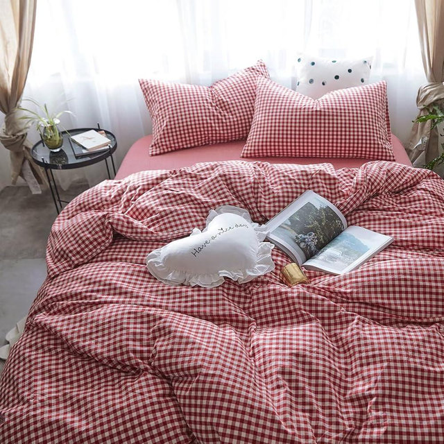 mixinni Red Gingham Comforter Set King, Plaid Comforter Set 3 Pieces 1 Red Grid Comfoter with 2 Pillow Cases for All Seasons, Soft Fluffy Modern Grid Pattern Printed Bedding-King Size