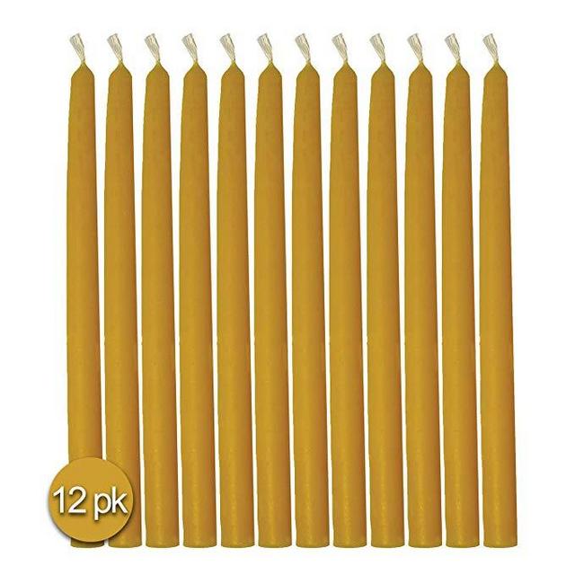 Hyoola 9 Inch Beeswax Taper Candles 12 Pack – Handmade, All Natural, 100% Pure Unscented Bee Wax Candle - Tall, Decorative, Golden Yellow – 5 Hour Burn Time