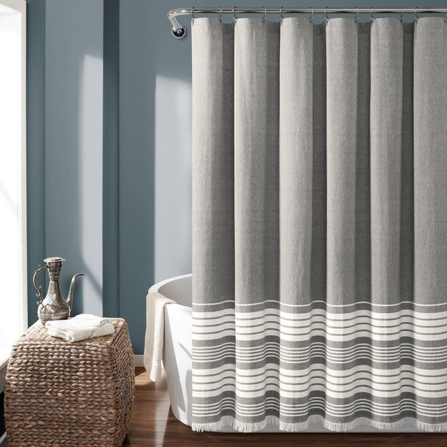 Nantucket Yarn Dyed Cotton Tassel Fringe Shower Curtain Gray/White - Lush Décor