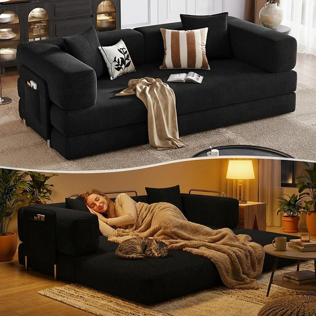 CHORRO 78.8" Boneless Sleeper Sofa Bed,Convertible Futon Couch with Storage Pocket and 2 Pillows,Modular Corduroy Sofa for livingroom,Small speace,Black
