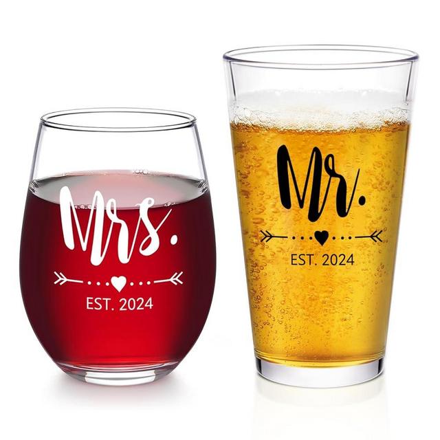 Futtumy Mr and Mrs Gifts, Mr and Mrs Est 2024 Beer Glass and Wine Glass, Wedding Gift Valentines Day Gift Christmas Gift Bridal Shower Gift for Newlyweds Couples Mr & Mrs Wife Bride To Be Groom Bride