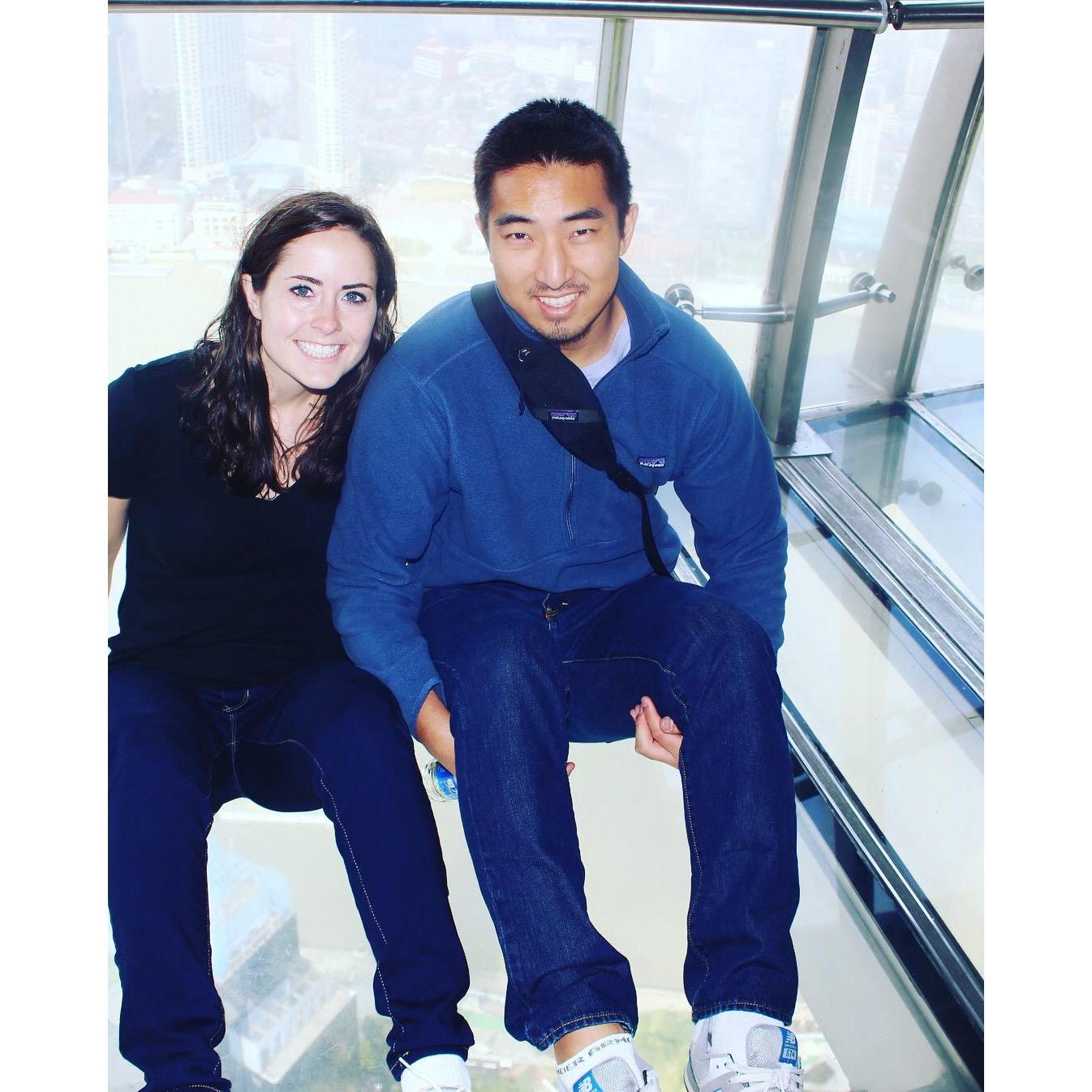 Fully terrified on the Oriental Pearl Tower observation deck in Shanghai, China. (November, 2016)
