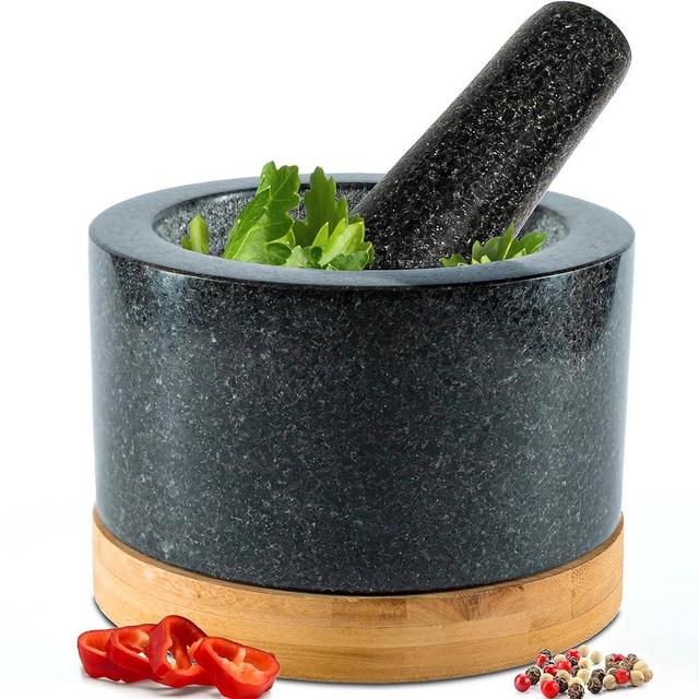 Heavy Duty Mortar and Pestle Set with Bamboo Base, 100% Natural Granite Mortar and Pestle Small Stone Grinder Bowl, Molcajete Bowl, Masher Guacamole Bowls, 1.5 Cups Polished Black