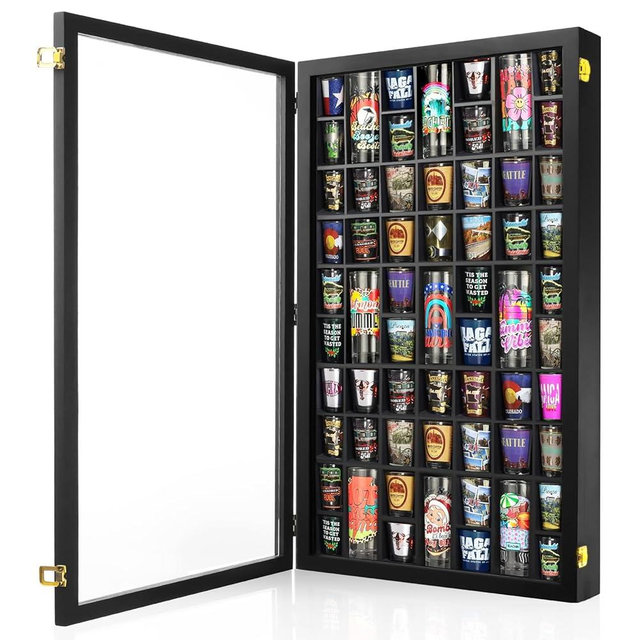 Shot Glass Display Case, 61 Slots Shot Glass glass display cabinet Holder Lockable Wall Mounted Shadow Box with UV Protection Acrylic Glass Shot Glass Door Storage Case for Multiple Shot Glasses