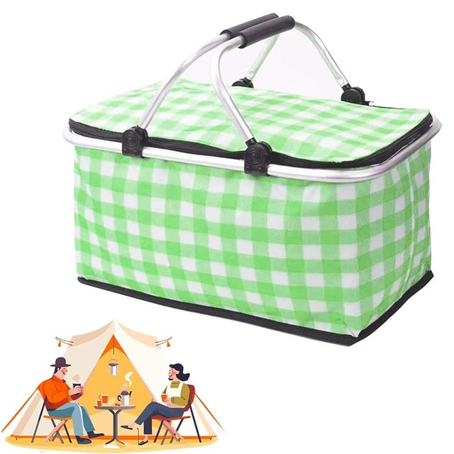 Insulated Picnic Bag Cooler Reusable, 26L Large Capacity for 12 Adults, Picnic Basket with Sturdy Handles for Outdoor Activities, Travel, Beach, Camping (Green)
