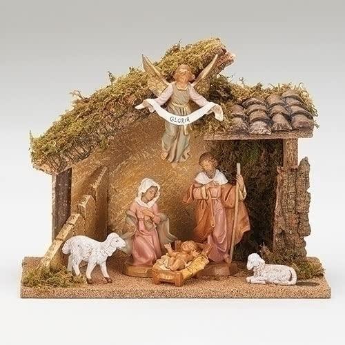 Fontanini by Roman Inc., Italian Stable 6-Piece Set, 5" Collection, Nativity Figure and Accessories, Hand Sculpted and Painted (9x12x6)