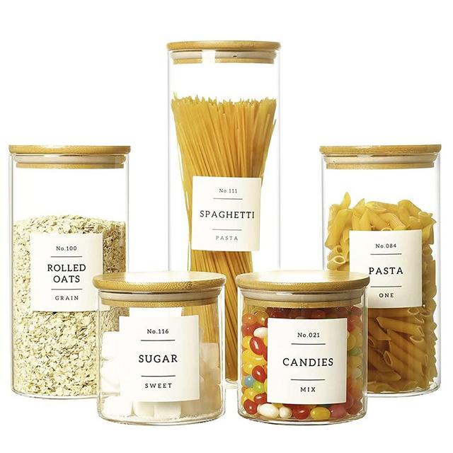 5 Pcs Glass Food Storage Containers With 132 Pantry Labels Preprinted - Thicken(3mm) Glass Storage Jars With Airtight Bamboo Lid - Stackable Kitchen Canisters Set For Candy, Cookie, Rice, Sugar, Flour