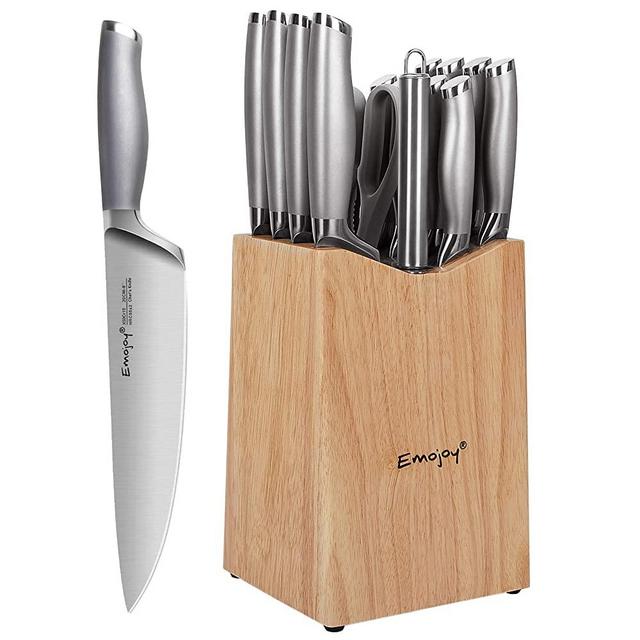 Emojoy Knife Set, 15-Piece Kitchen Knife Set with Block Wooden, Chef Knife Set with Hollow Handle Sharpener, Steak Knives, German Stainless Steel Knives Set