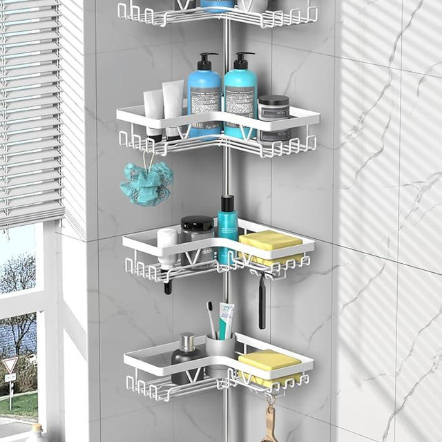 DAOYA Shower Caddy Tension Pole Corner - Stainless Steel Bathroom Organizer White Tension Rod Shower Shelves for Tub(22-114.2inch), Renter Friendly