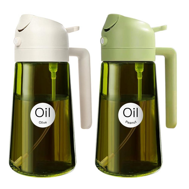 YARRAMATE 16oz/470ml 2PCS Light Blockage Dark Oil Sprayer for Cooking, 2 in 1 Olive Oil Dispenser Bottle for Kitchen, Green Glass Oil Bottle, Food-Grade Oil Mister for Air Fryer, BBQ (White & Green)