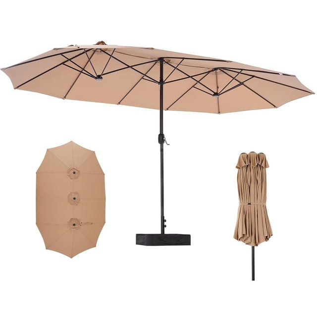 DUMOS 15FT Large Patio Umbrella with Base Included, Heavy Duty Extra Wide Outside Umbrella with 12 Ribbed Bars, Rectangle Outdoor Table Umbrella for Patio, Backyard, Pool, Deck & Garden,Khaki