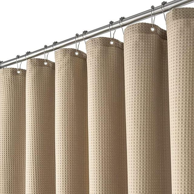 Dynamene Beige Fabric Shower Curtain - Waffle Textured Heavy Duty Cloth Shower Curtains for Bathroom, 256GSM Hotel Spa Luxury Weighted Bath Curtain Set with 12 Plastic Hooks,72x72, Beige/Khaki