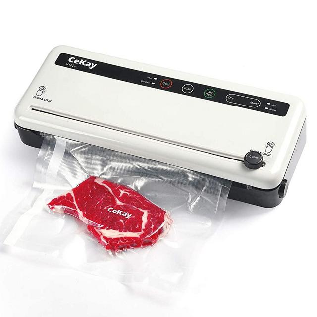 CeKay Vacuum Sealer Machine For Food Savers, Automatic Vacuum Air Sealing System For Food Preservation With One Roll Starter Kit, Dry & Moist Food Modes, Built-in Bag Storage & Cutter, Compact Design