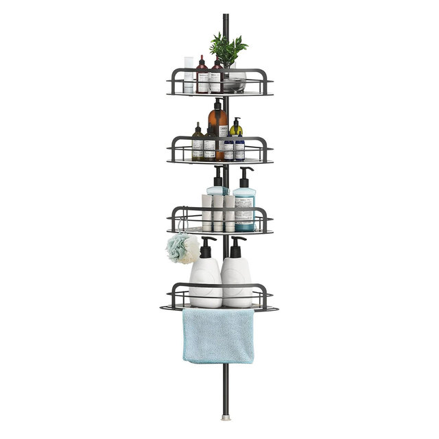 NewHome"Rust-Resistant Corner Shower Caddy with 4 Adjustable Shelves, Tension Pole, Towel Bar & Hooks"Black