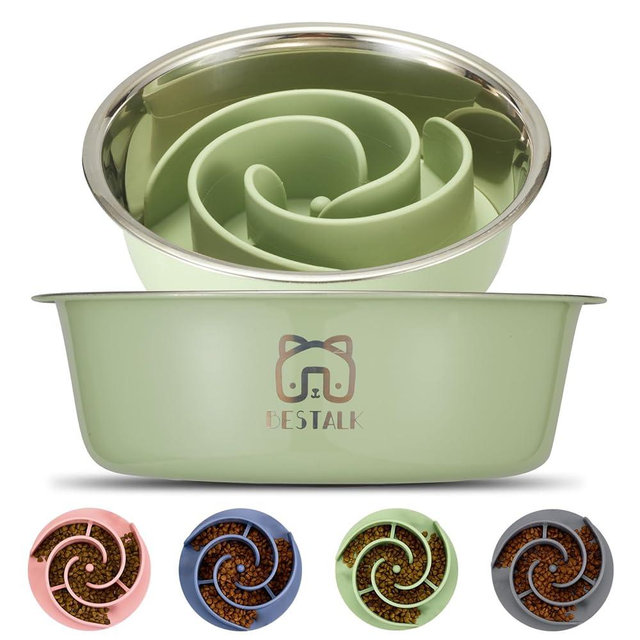 2-in-1 Metal Slow Feeder Dog Bowl, Bestalk Stainless Steel Dog Bowls with Silicone Slow Feeder Insert, Food Grade 304 Water Food Bowl with Anti-Slip Base for Small, Medium, Large Dogs