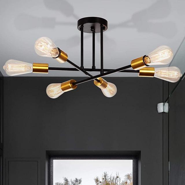 Corlaceling Black and Gold Modern Sputnik Chandelier, Sputnik Chandelier 6 Lights Ceiling Light Fixture and Round Bulb (not Included) Bedroom Chandelier and Kitchen, Corridor and Dining Room