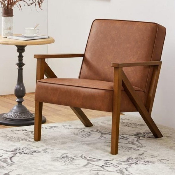 Yaheetech Faux Leather Armchair Accent Chair with Wood Legs for Living Room