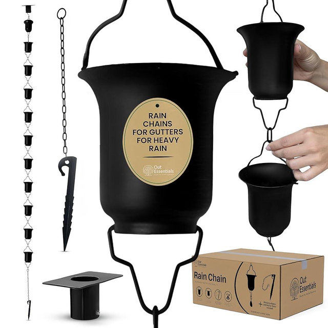 OUT ESSENTIALS - Black Rain Chain 11 FT with Anchor Stake & Gutter Adapter, Rain Chains for Gutters for Heavy Rain, Black Powder Coated Rust Resistant Design, Outdoor Decor Upgrade for Homeowners