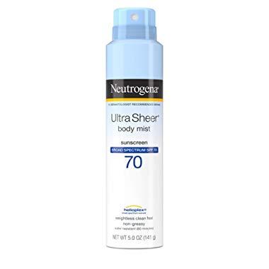 Neutrogena Ultra Sheer Body Mist Sunscreen Spray Broad Spectrum SPF 70, Lightweight, Non-Greasy & Water Resistant, Oil-Free & Non-Comedogenic Sunscreen Mist, 5 oz (Pack of 3) (Packaging May Vary)