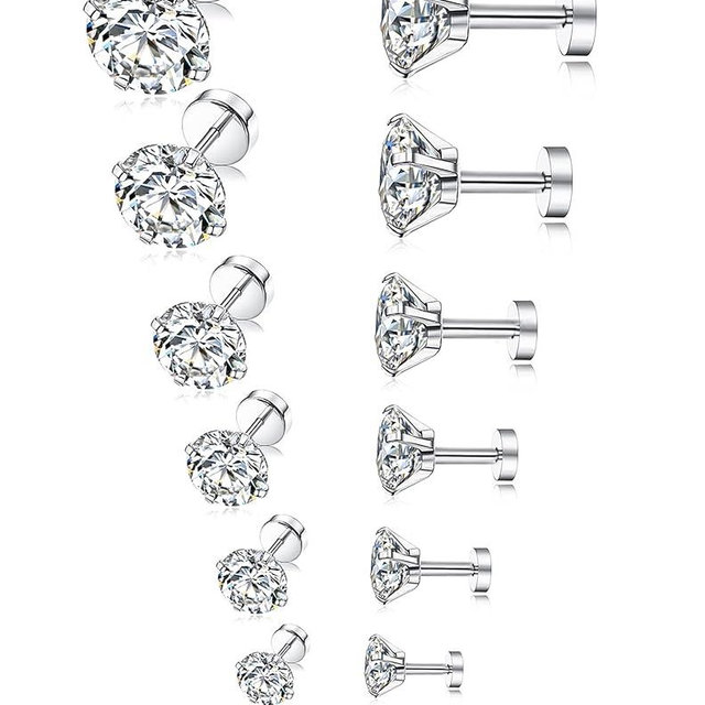 Tornito 7 Pairs 18G 20G Stainless Steel Stud Earrings Round Cubic Zirconia Barbell Earring Set For Men Women 2MM-8MM Silver Tone